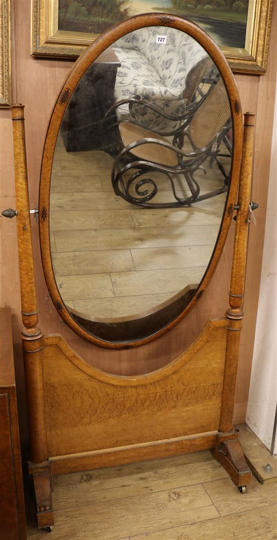 A 19th century French birds eye maple cheval mirror W.90cm